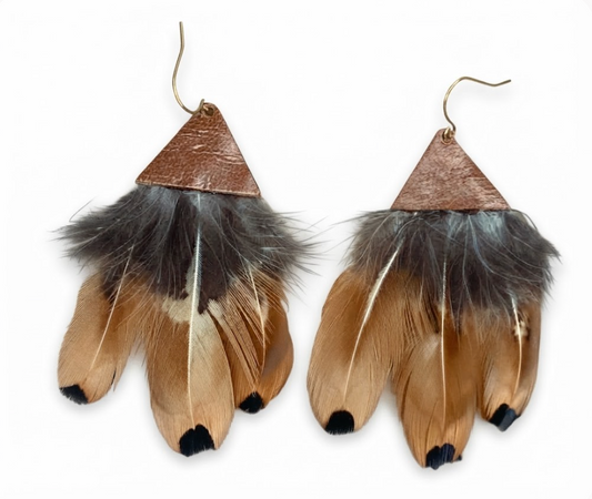 Warm Autum Leather & Feather Statement Dangles