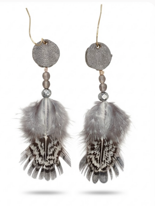 Blush Leather, Beaded & Feather Dangle Earrings