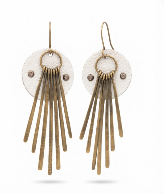 Ivory Leather & Hammered Brass Fringe Dangle Earrings