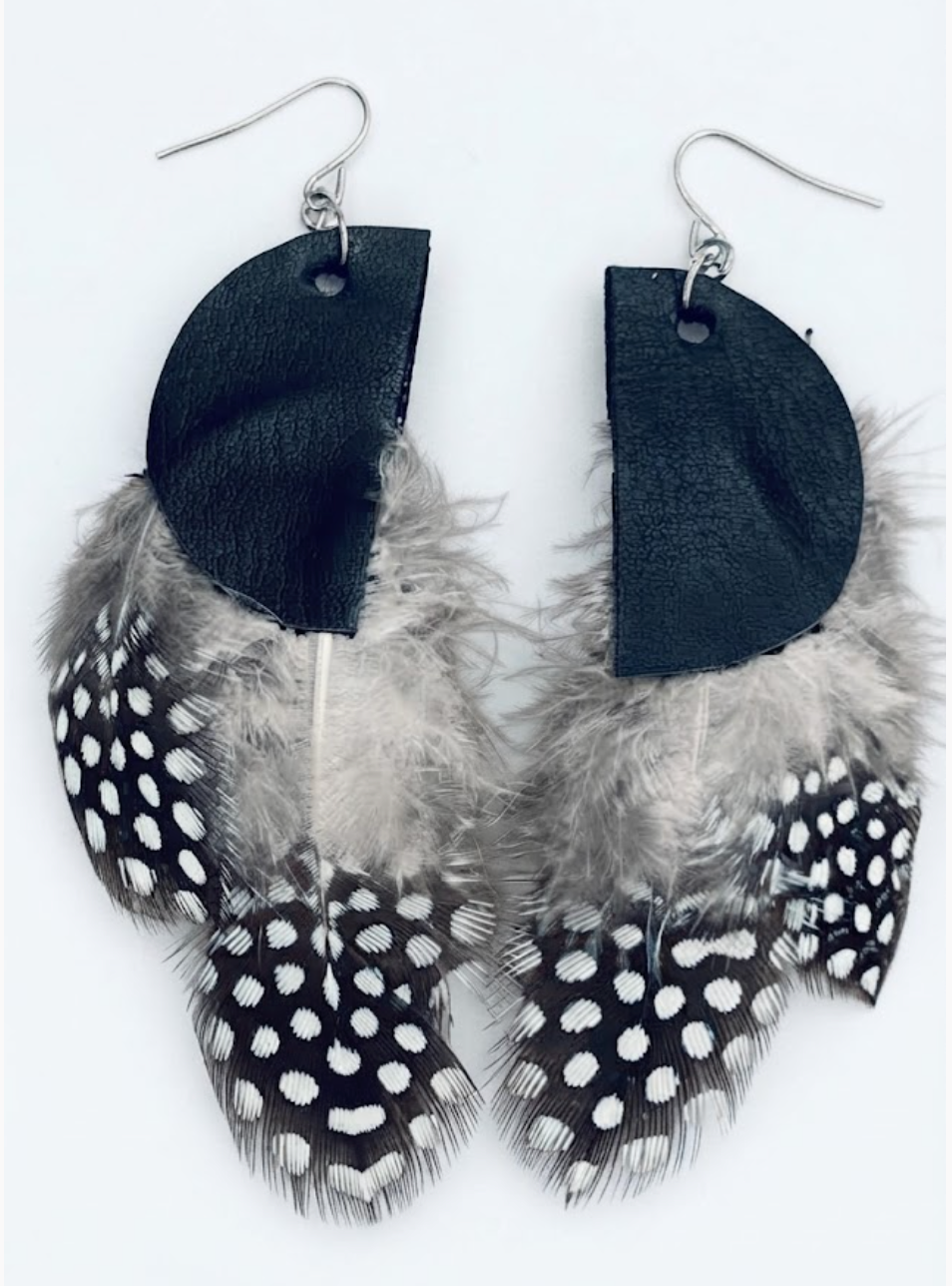 Black Leather & Spotted Feather Dangle Statement Earrings