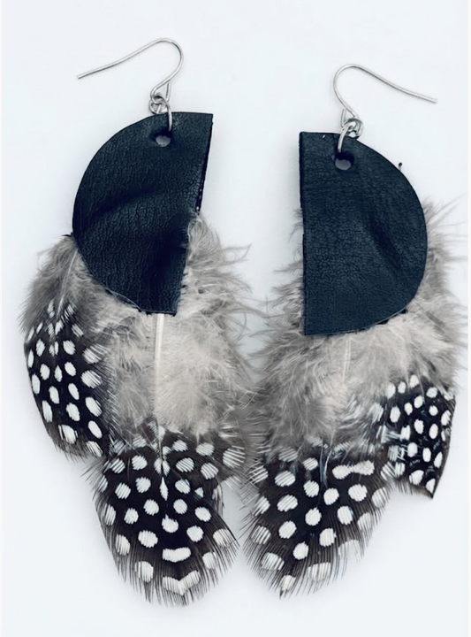 Spotted Feather & Leather Statement Dangles