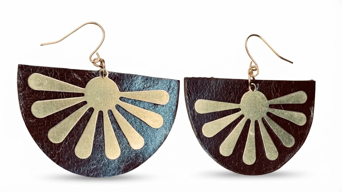 Sunburst Half Moon & Leather Earrings
