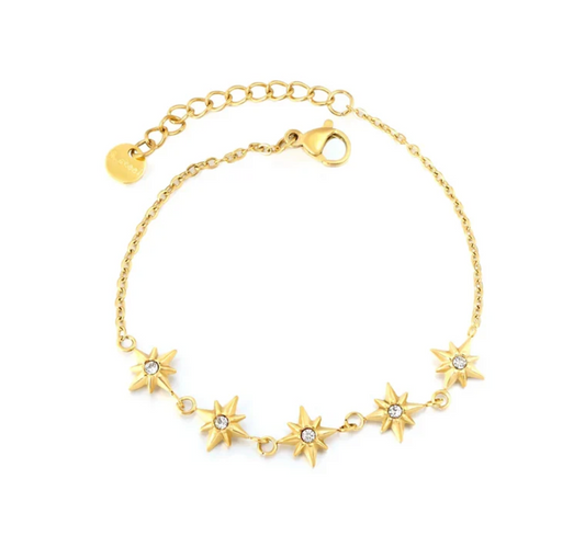 Stainless Steel Gold Color White Crystals Eight Pointed Star Chain Bracelet