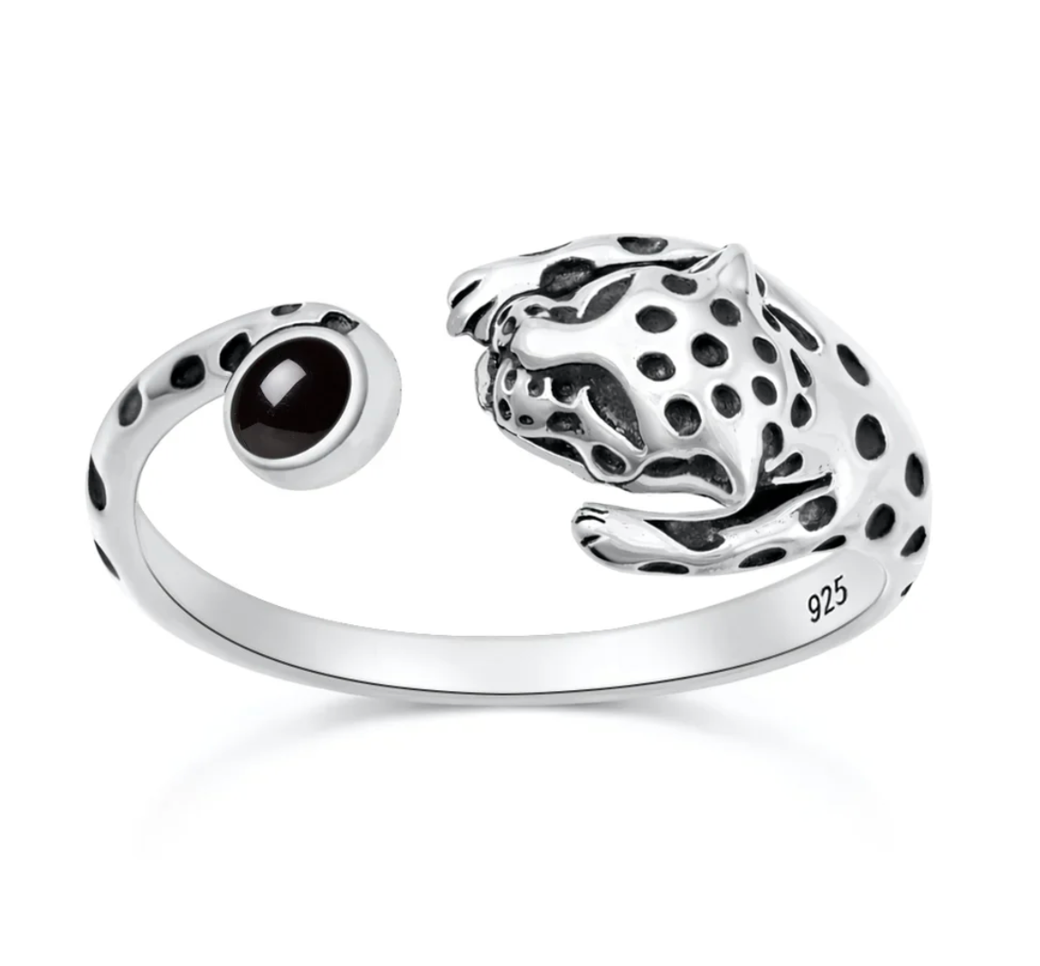 Sterling Silver Cheetah Black Onyx Stone Ring