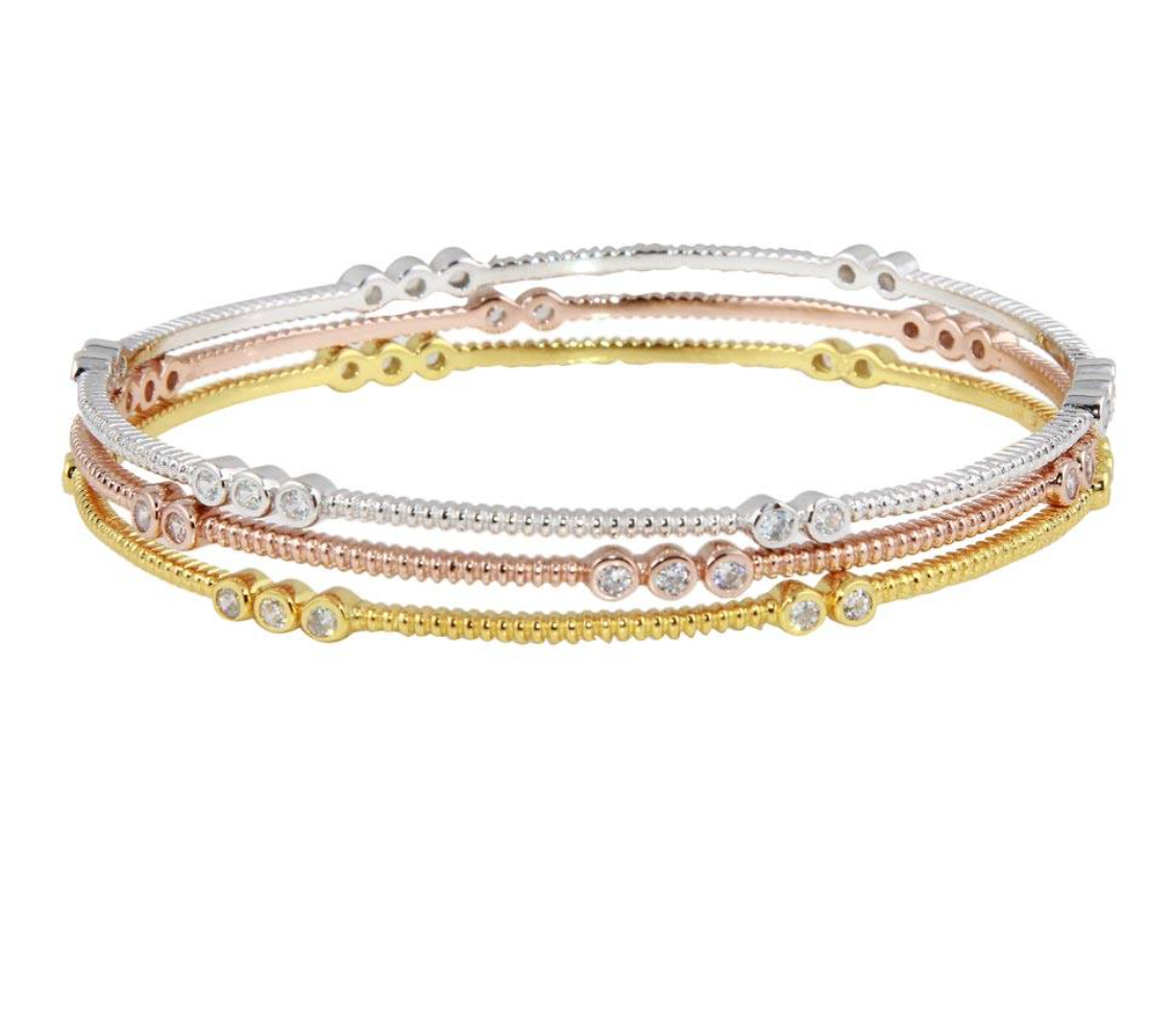 Sterling Silver Rhodium Plated Five Toned Three CZ Bangle Bracelet
