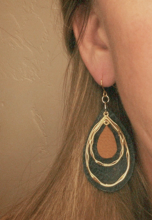 Layered Teardrop Leather & Gold Statement Earrings