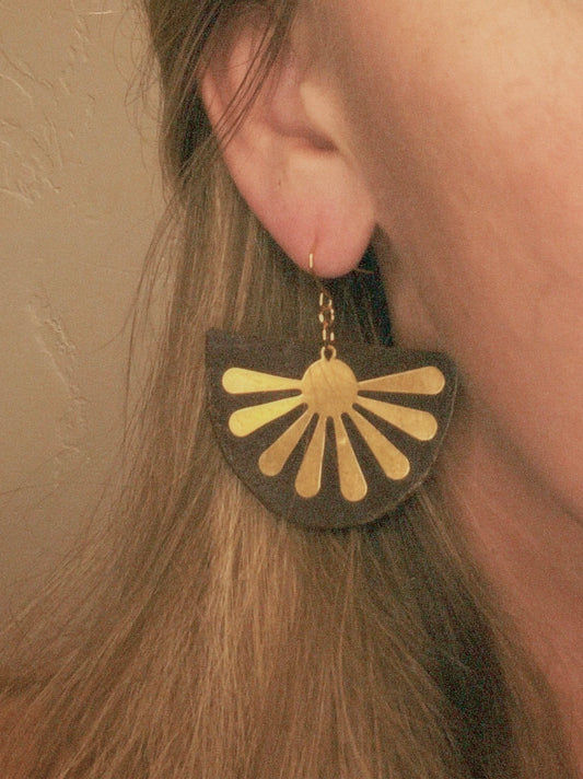 Golden Sunburst Leather Half-Moon Dangles