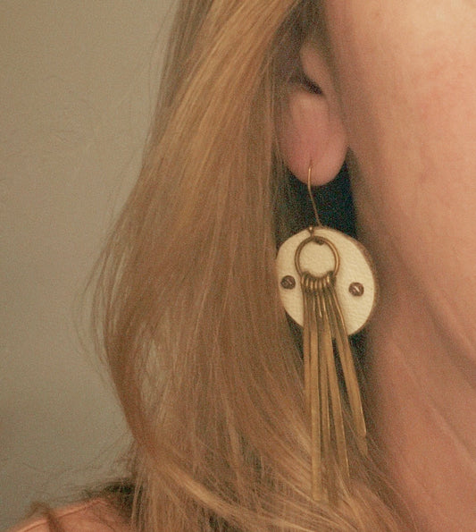Ivory Leather & Hammered Brass Fringe Statement Dangles