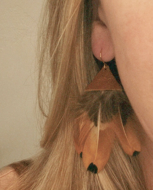 Warm Autum Leather & Feather Statement Dangles